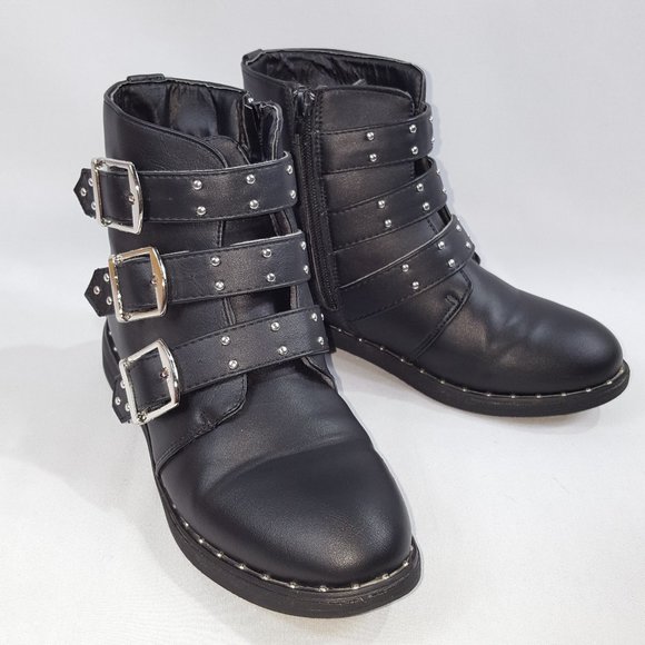 Punk Biker Boots Black Buckles Studs Girls 7 - Picture 1 of 5